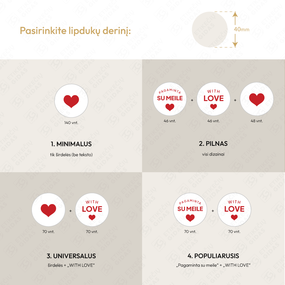 Romantiskas pakavimo rinkinys verslui - lipdukai, kortelės, satino juostos