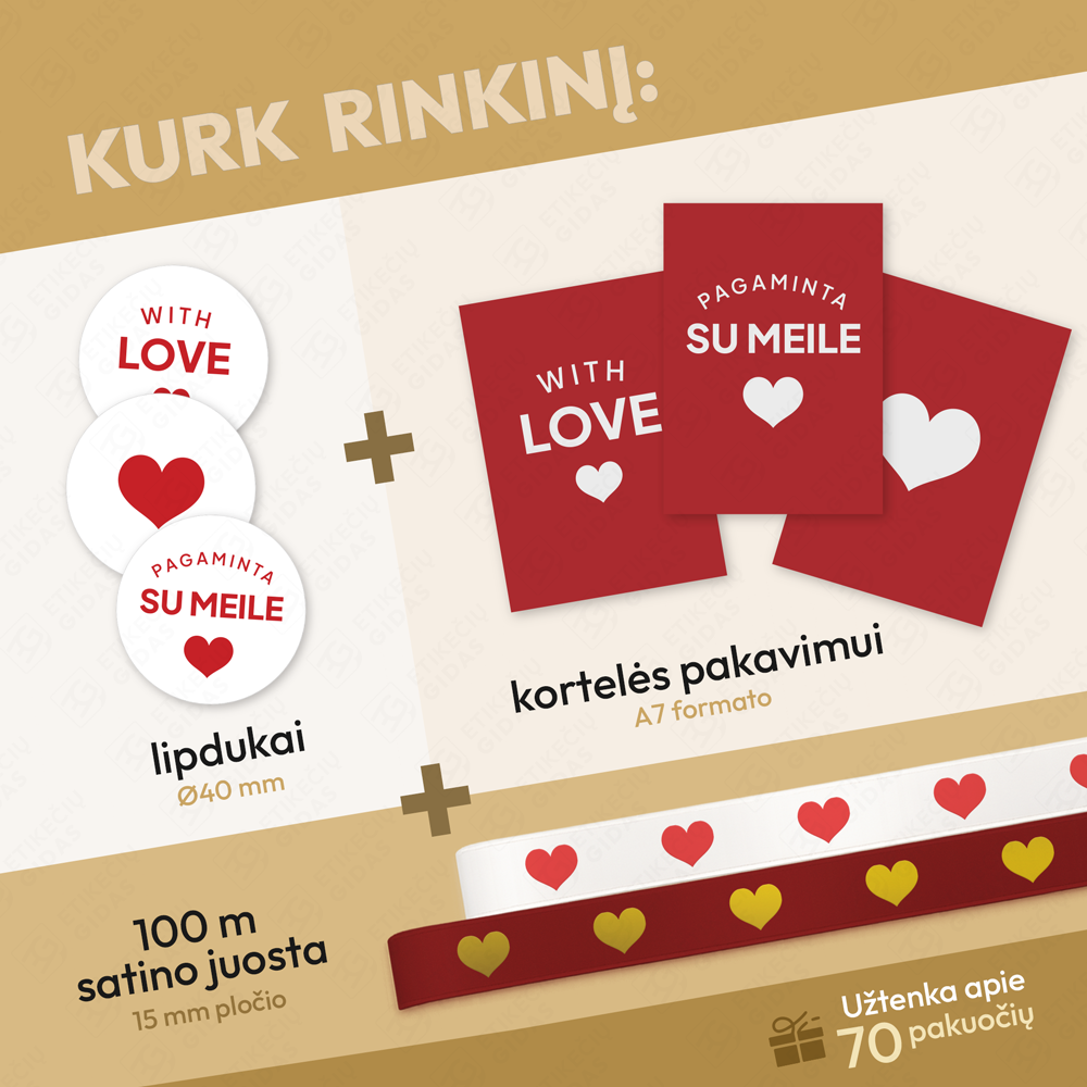 Romantiskas pakavimo rinkinys verslui - lipdukai, kortelės, satino juostos
