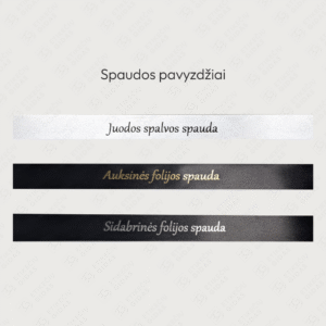 Juoda, metalizuota auksinė, metalizuota sidabrinė spauda ant satino juostos