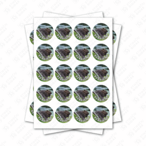 Apvalūs bebrienos konservų lipdukai 30 mm lapuose su standartiniais klijais