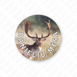 Apvalūs danielių mėsos konservų lipdukai 30 mm lapuose su standartiniais klijais