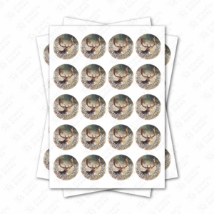 Apvalūs danielių mėsos konservų lipdukai 30 mm lapuose su standartiniais klijais