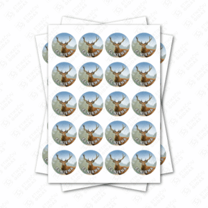 Apvalūs elnienos konservų lipdukai 30 mm lapuose su standartiniais klijais