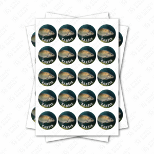 Apvalūs karšio konservų lipdukai 30 mm lapuose su standartiniais klijais