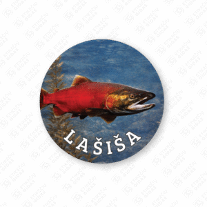 Apvalūs lašišos konservų lipdukai 30 mm lapuose su standartiniais klijais