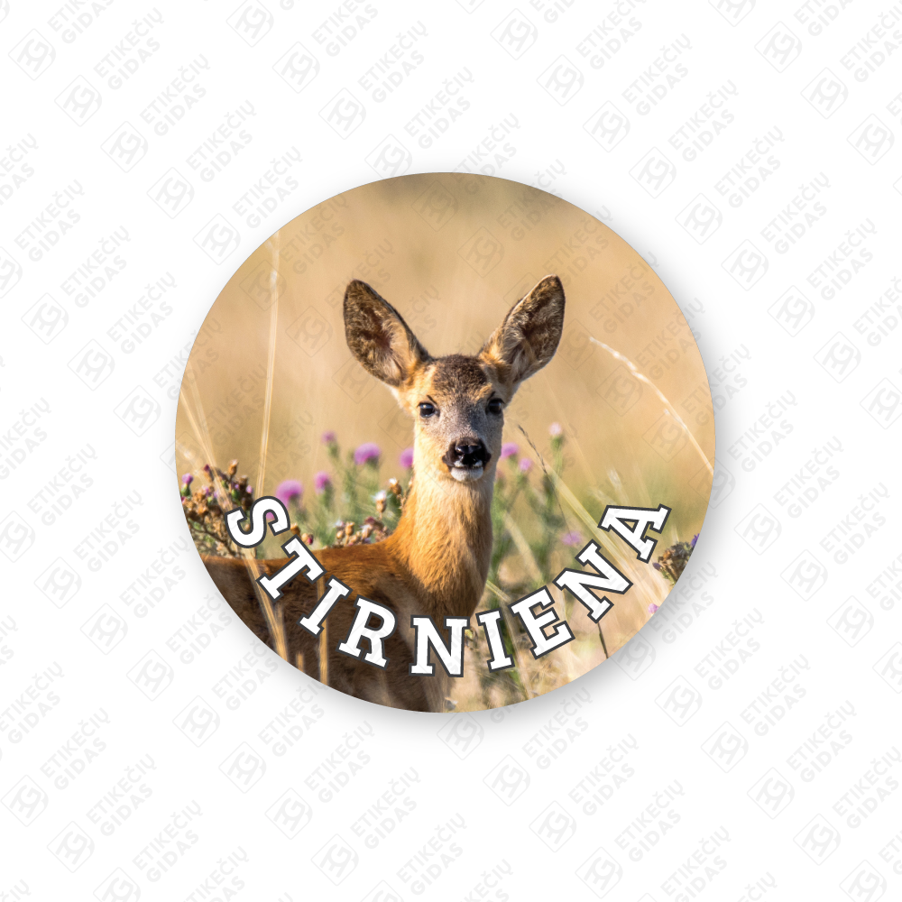 Apvalūs stirnienos konservų lipdukai 30 mm lapuose su standartiniais klijais