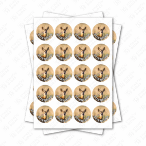 Apvalūs stirnienos konservų lipdukai 30 mm lapuose su standartiniais klijais