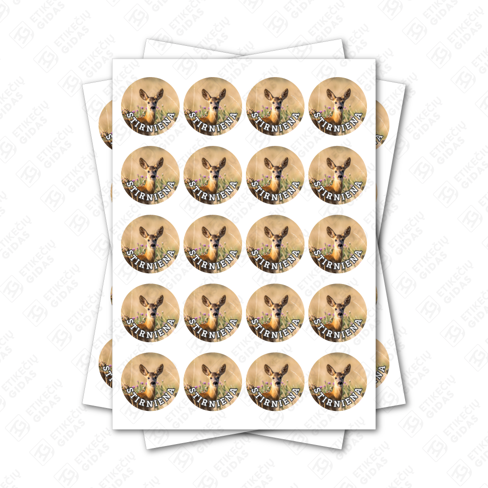 Apvalūs stirnienos konservų lipdukai 30 mm lapuose su standartiniais klijais