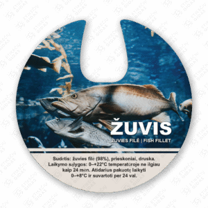 žuvies konservų lipni etiketė