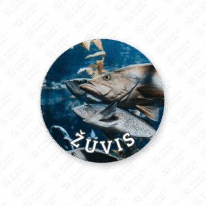 Apvalūs žuvies konservų lipdukai 30 mm lapuose su standartiniais klijais