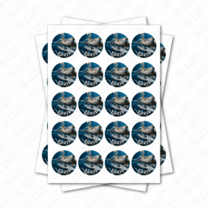 Apvalūs žuvies konservų lipdukai 30 mm lapuose su standartiniais klijais