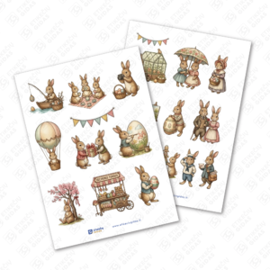 Velykų zuikučių vintažiniai pusiau blizgūs popieriniai lipdukai, įvairūs skersmens