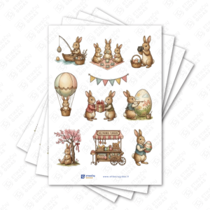 Velykų zuikučių vintažiniai pusiau blizgūs popieriniai lipdukai, įvairūs skersmens