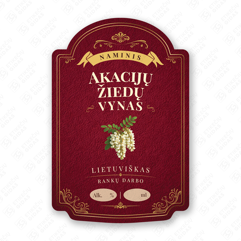 Akacijų žiedų vyno etiketė buteliui, 80x120 mm, atspari drėgmei