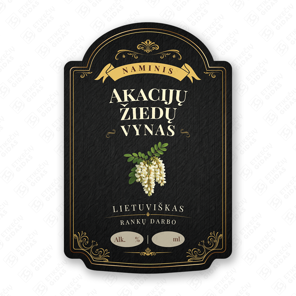 Akacijų žiedų vyno etiketė buteliui, 80x120 mm, atspari drėgmei