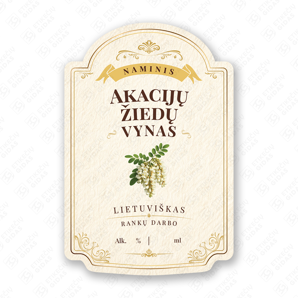 Akacijų žiedų vyno etiketė buteliui, 80x120 mm, atspari drėgmei