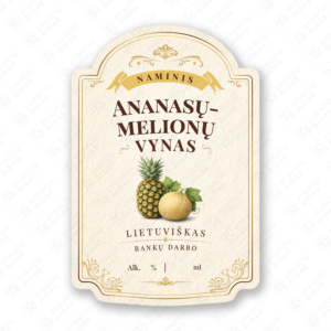 Ananasų - melionų vyno etiketė buteliui, 80x120 mm, atspari drėgmei