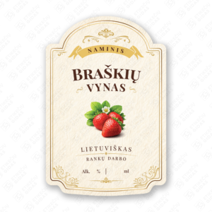 Braškių vyno etiketė buteliui, 80x120 mm, atspari drėgmei