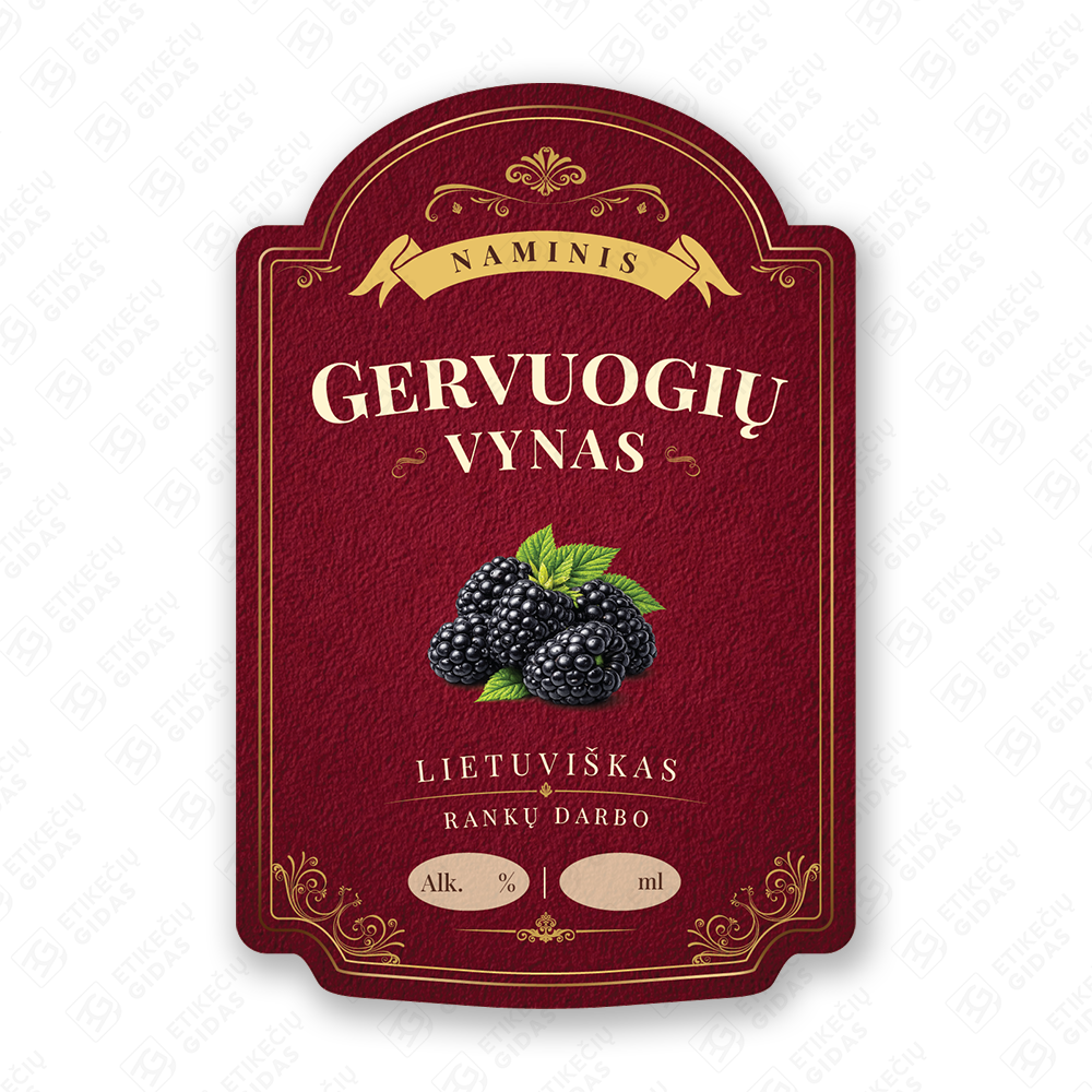 Gervuogių vyno etiketė buteliui, 80x120 mm, atspari drėgmei