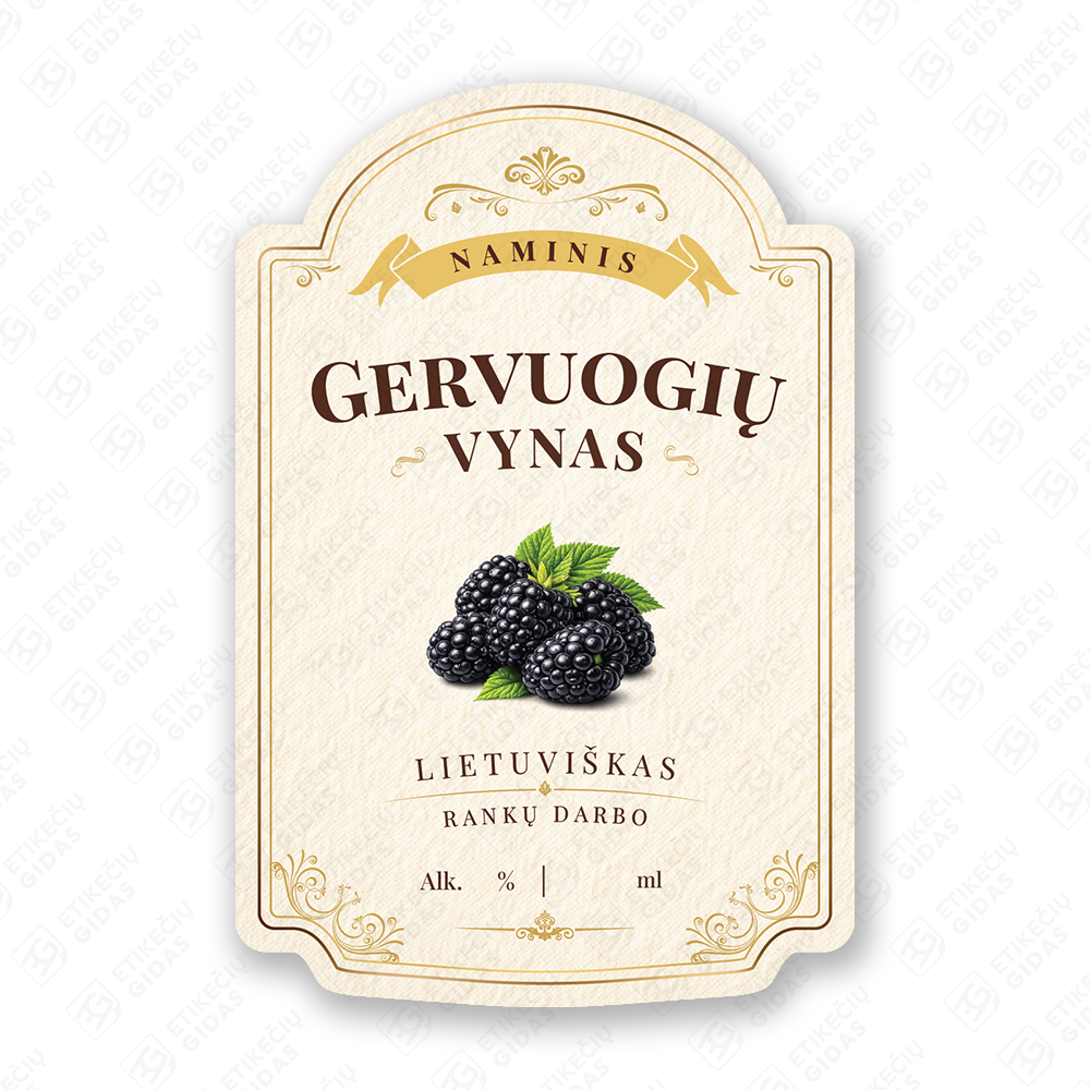 Gervuogių vyno etiketė buteliui, 80x120 mm, atspari drėgmei