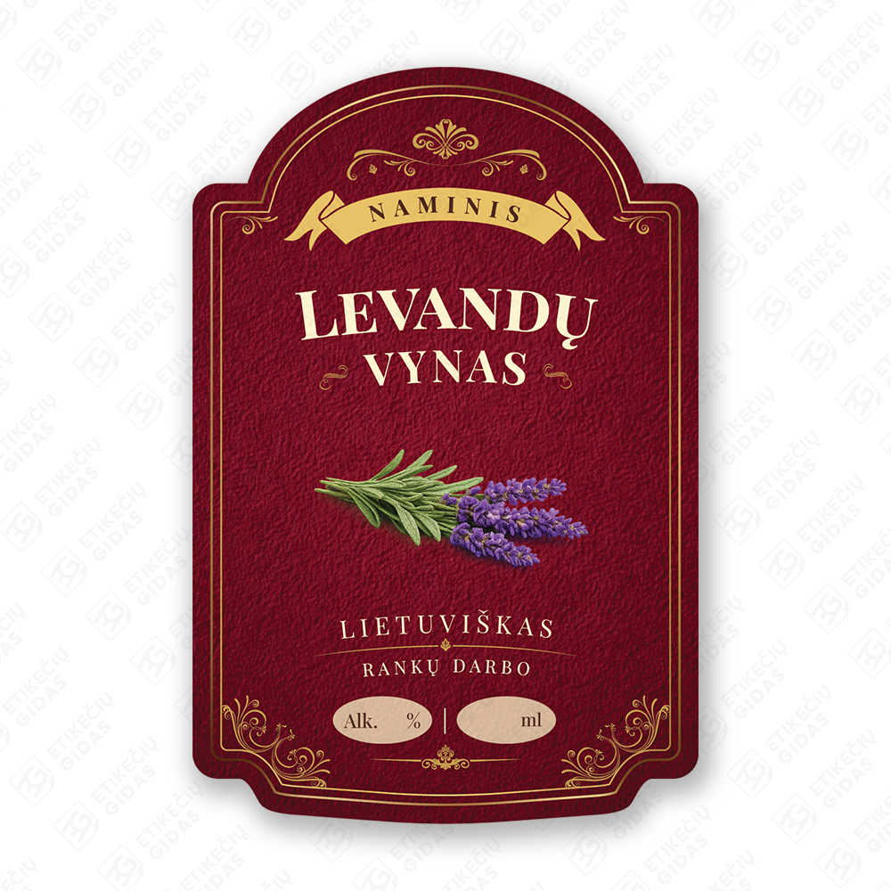 Levandų vyno etiketė buteliui, 80x120 mm, atspari drėgmei