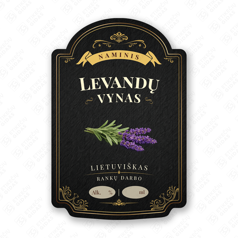 Levandų vyno etiketė buteliui, 80x120 mm, atspari drėgmei