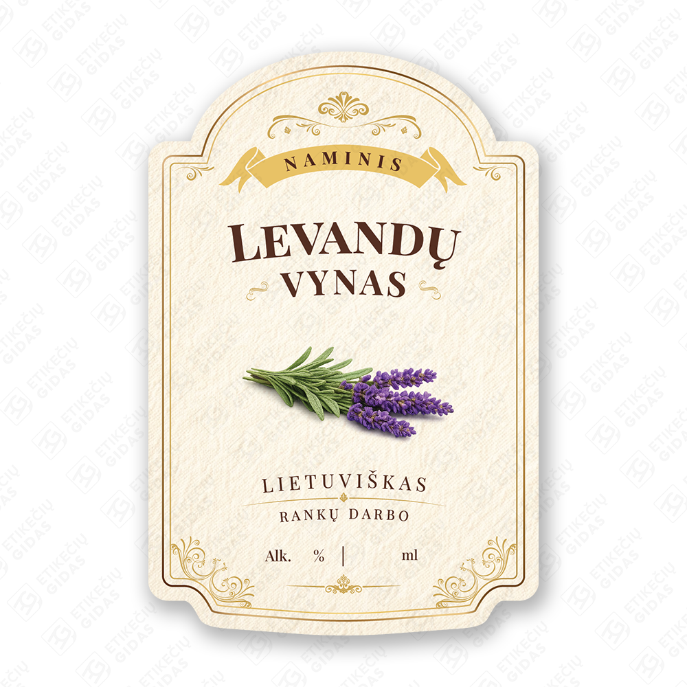 Levandų vyno etiketė buteliui, 80x120 mm, atspari drėgmei