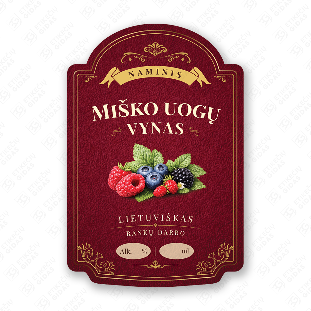 Miško uogų vyno etiketė buteliui, 80x120 mm, atspari drėgmei