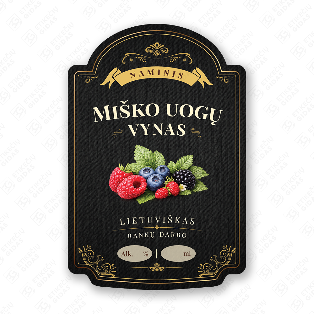Miško uogų vyno etiketė buteliui, 80x120 mm, atspari drėgmei