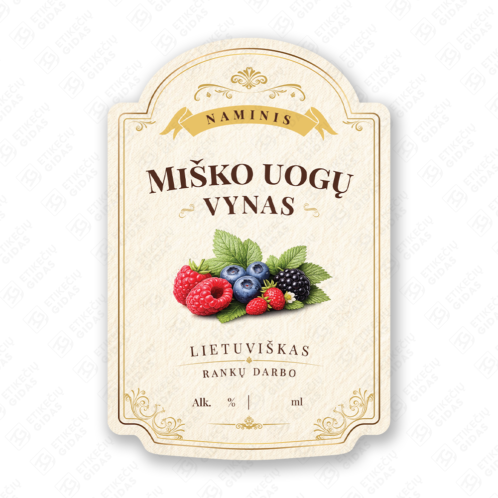 Miško uogų vyno etiketė buteliui, 80x120 mm, atspari drėgmei