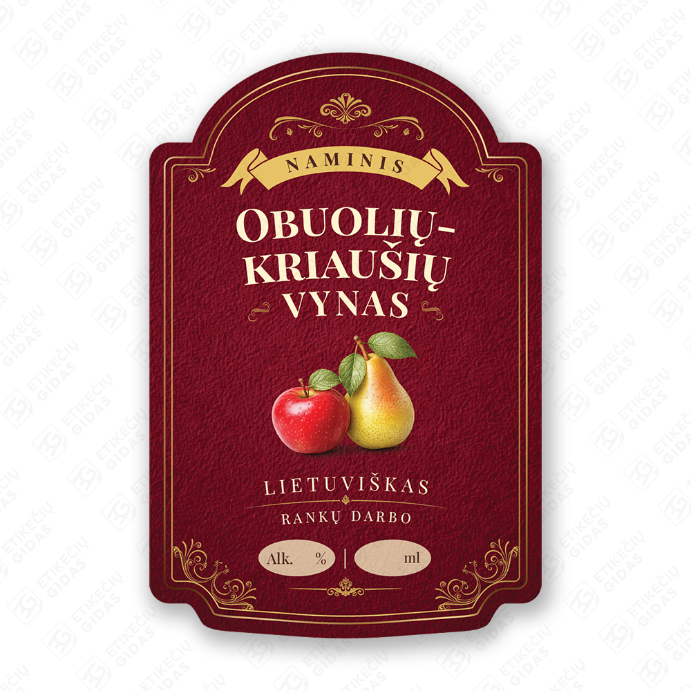 Obuolių - kriaušių vyno etiketė buteliui, 80x120 mm, atspari drėgmei