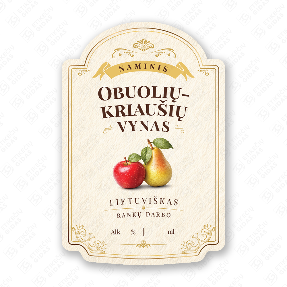 Obuolių - kriaušių vyno etiketė buteliui, 80x120 mm, atspari drėgmei