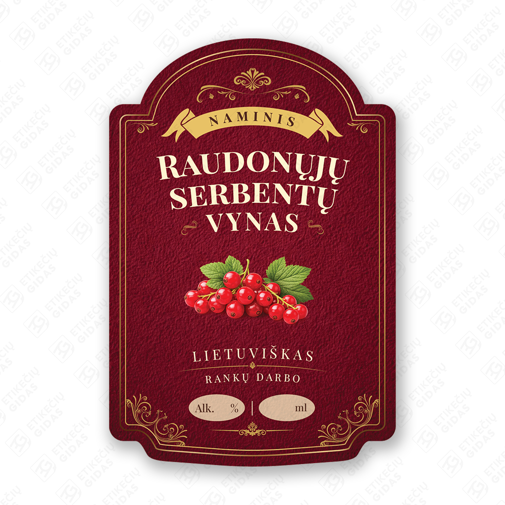 Raudonųjų serbentų vyno etiketė buteliui, 80x120 mm, atspari drėgmei