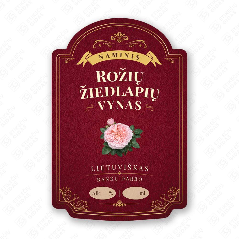 Rožių žiedlapių vyno etiketė buteliui, 80x120 mm, atspari drėgmei