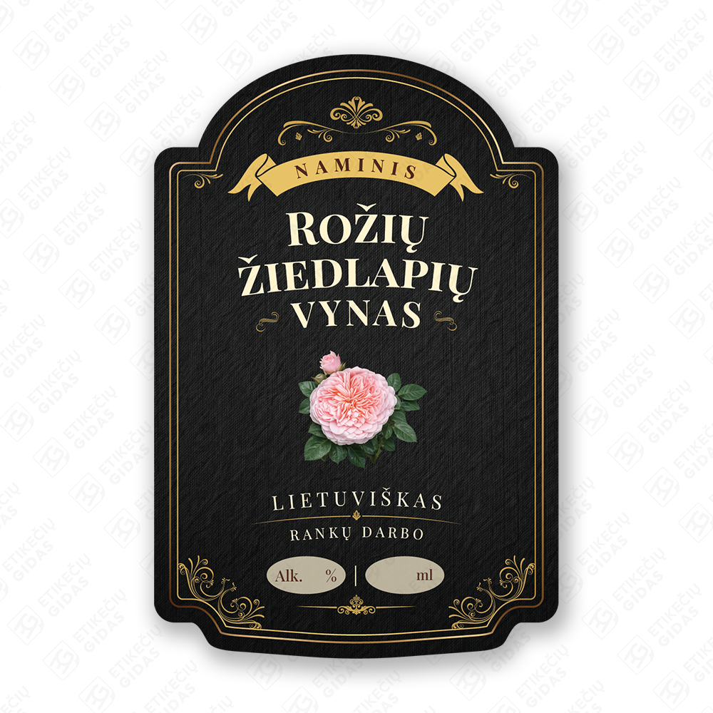 Rožių žiedlapių vyno etiketė buteliui, 80x120 mm, atspari drėgmei