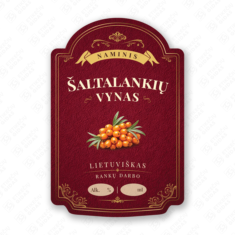 Šaltalankių vyno etiketė buteliui, 80x120 mm, atspari drėgmei