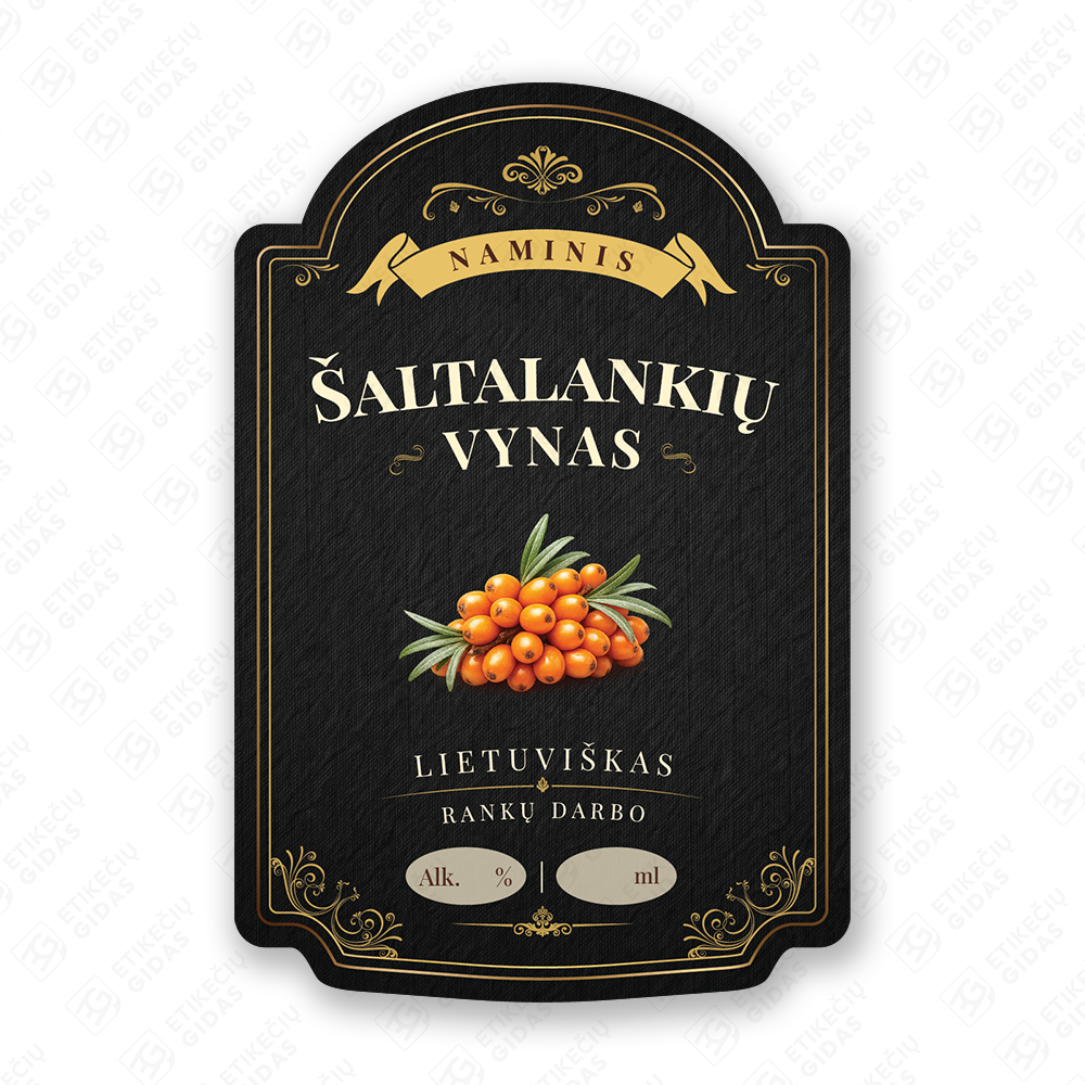 Šaltalankių vyno etiketė buteliui, 80x120 mm, atspari drėgmei