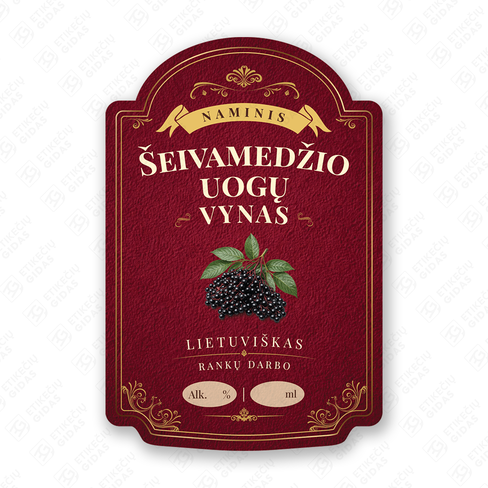 Šeivamedžio uogų vyno etiketė buteliui, 80x120 mm, atspari drėgmei