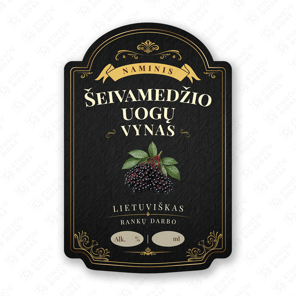 Šeivamedžio uogų vyno etiketė buteliui, 80x120 mm, atspari drėgmei