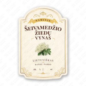 Šeivamedžio žiedų vyno etiketė buteliui, 80x120 mm, atspari drėgmei