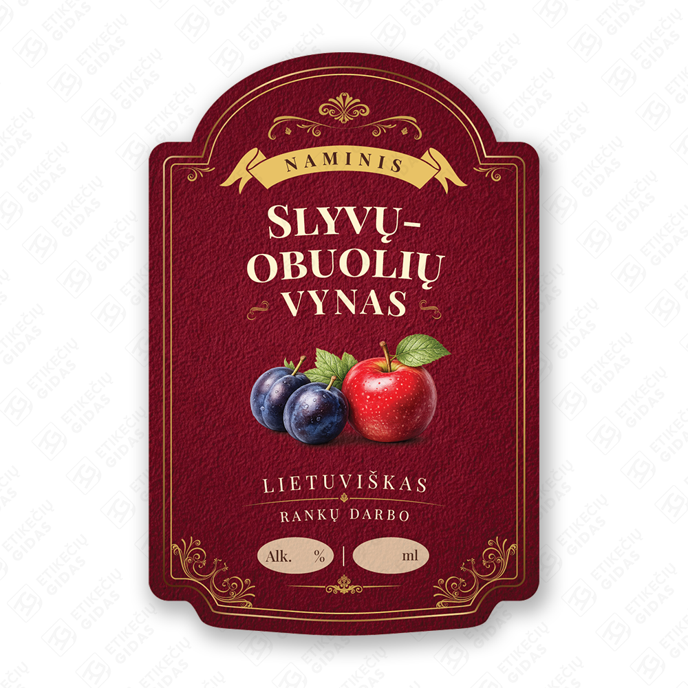 Slyvų - obuolių vyno etiketė buteliui, 80x120 mm, atspari drėgmei