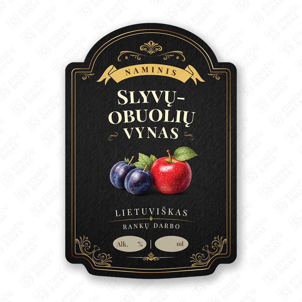 Slyvų - obuolių vyno etiketė buteliui, 80x120 mm, atspari drėgmei