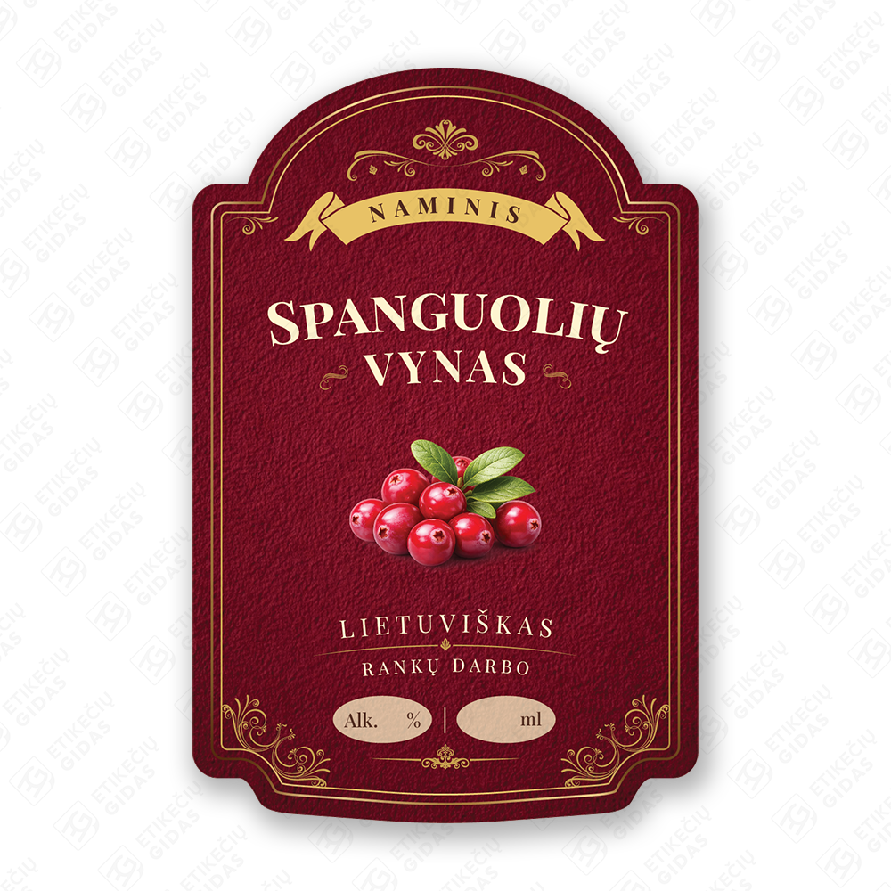 Spanguolių vyno etiketė buteliui, 80x120 mm, atspari drėgmei