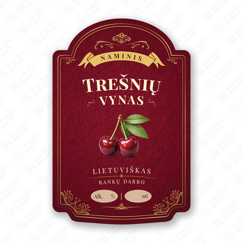 Trešnių vyno etiketė buteliui, 80x120 mm, atspari drėgmei
