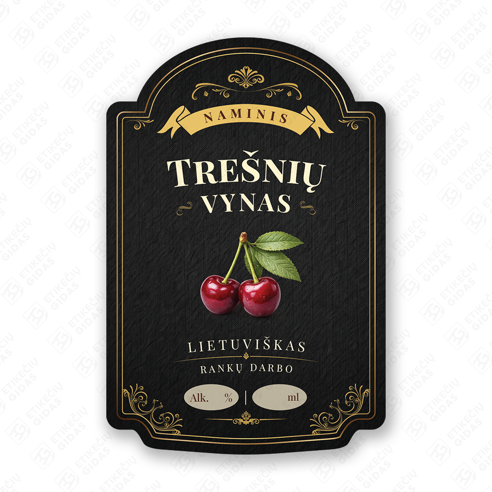 Trešnių vyno etiketė buteliui, 80x120 mm, atspari drėgmei