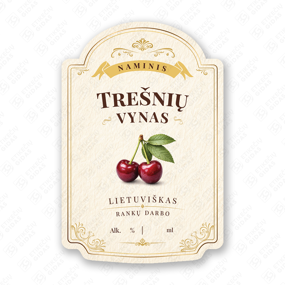 Trešnių vyno etiketė buteliui, 80x120 mm, atspari drėgmei