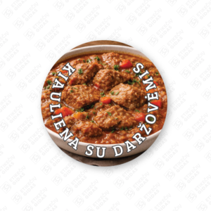 Apvalūs kiaulienos su daržovėmis konservų lipdukai 30 mm lapuose su standartiniais klijais