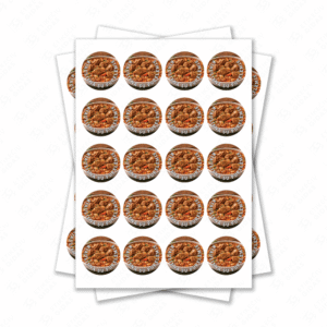 Apvalūs kiaulienos su pupelėmis konservų lipdukai 30 mm lapuose su standartiniais klijais