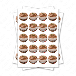 Apvalūs pašteto konservų lipdukai 30 mm lapuose su standartiniais klijais