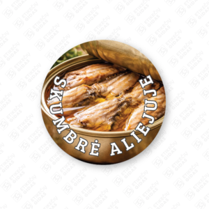 Apvalūs skumbrės aliejuje konservų lipdukai 30 mm lapuose su standartiniais klijais